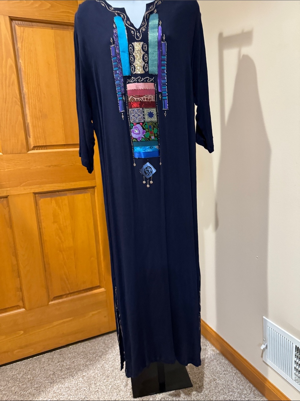 Embellished Navy Maxi Dress with Multicolor Front Panel